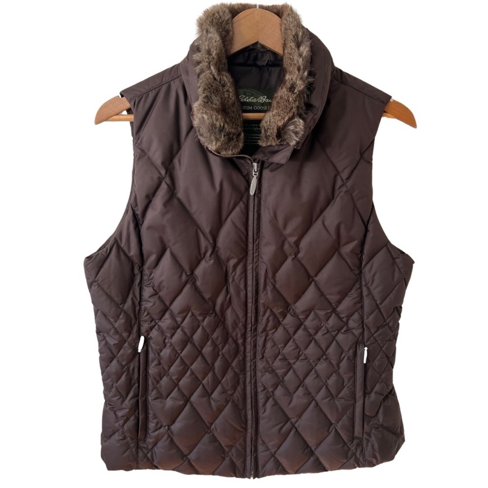 Eddie Bauer Brown Quilted Puffer Vest with Faux Fur Collar